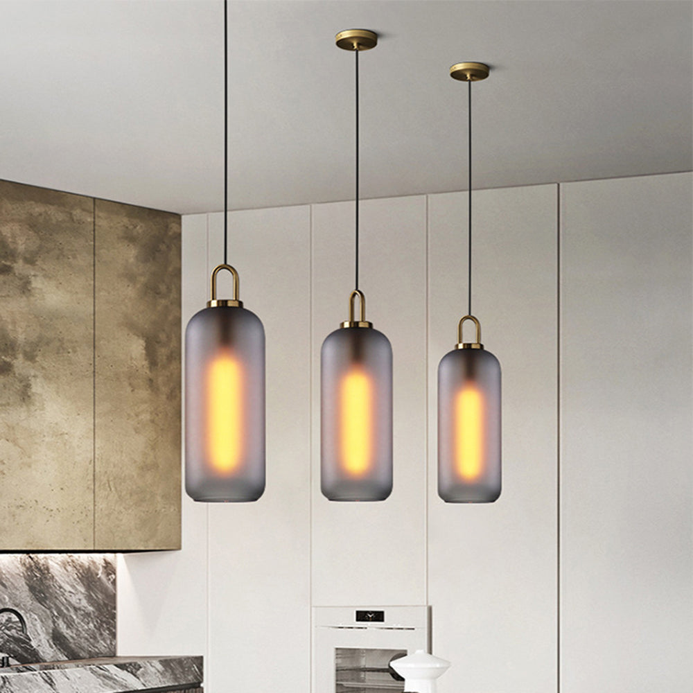 Glazen cilindervormige hanglamp met roestvrij metalen frame