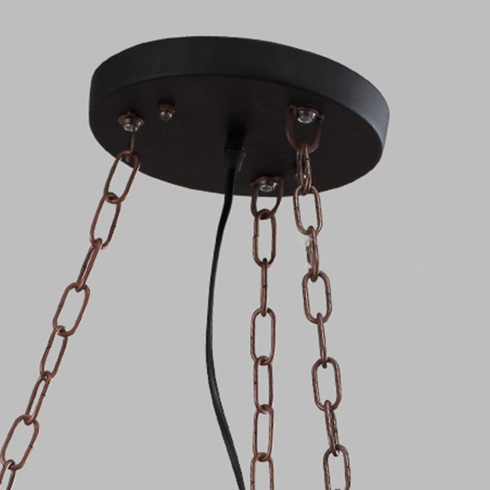Suspension vintage six têtes en métal et bois ambiance