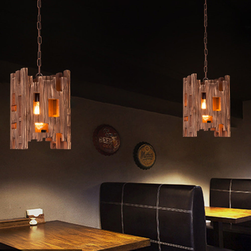 Tijdloze retro rechthoekige houten en metalen hanglamp