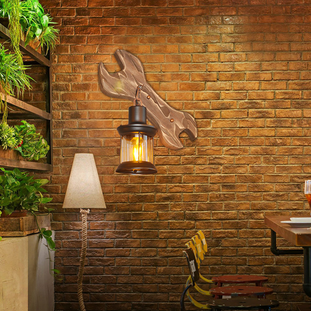 Dimmbare Laternen-Stil Holz- und Metall-Wandlampe für Schlafzimmer