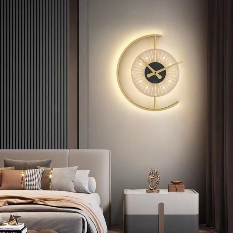 Horloge murale premium et lampe LED en métal noir et or