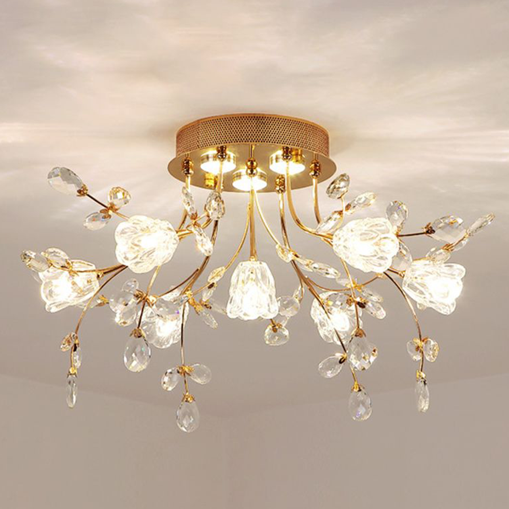 Plafonnier Art déco en cristal doré en forme de fleur