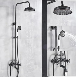 Bathroom Black Shower Set Wall Mounted 8" Rainfall Shower Faucet 3-functions 2 Cross Handles Solid Brass Shower Fixtures-Index Bath