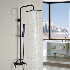 Bathroom Black Shower Set Wall Mounted 8" Rainfall Shower Faucet 3-functions 2 Cross Handles Solid Brass Shower Fixtures-Index Bath