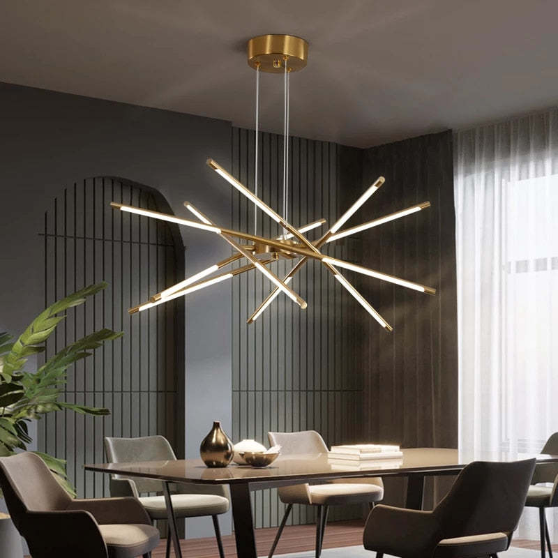 Suspension noir et or avec design architectural en barre