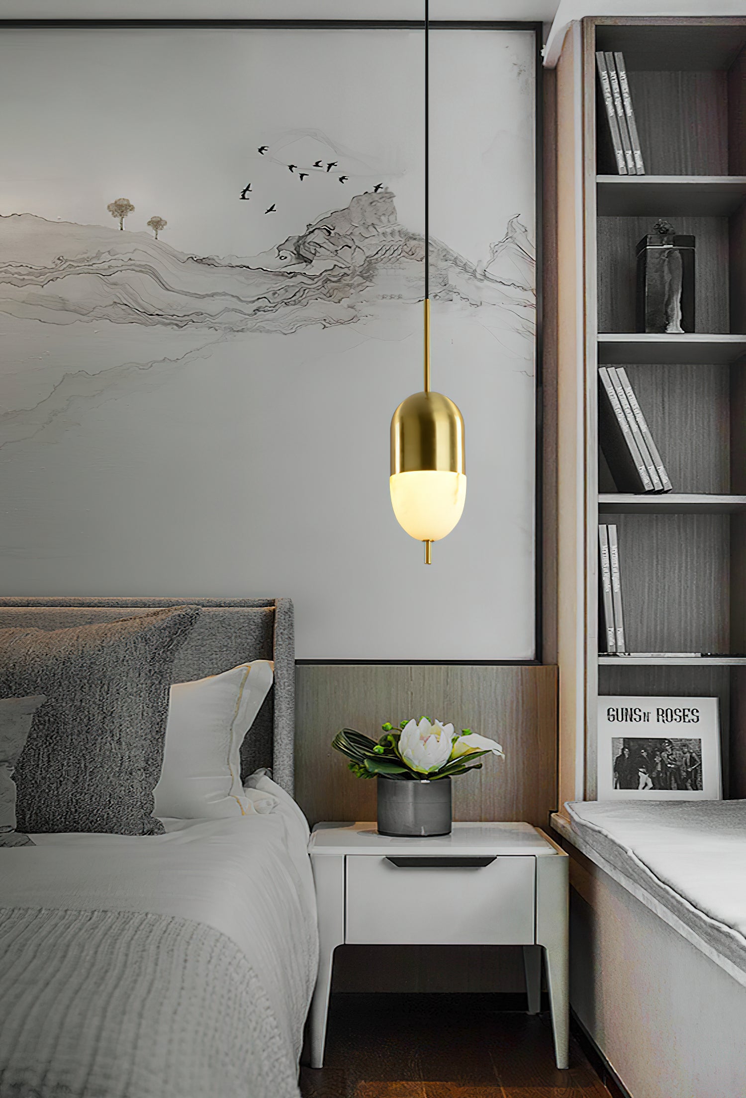 Lampe suspendue en laiton avec abat-jour en albâtre et LED intégrée