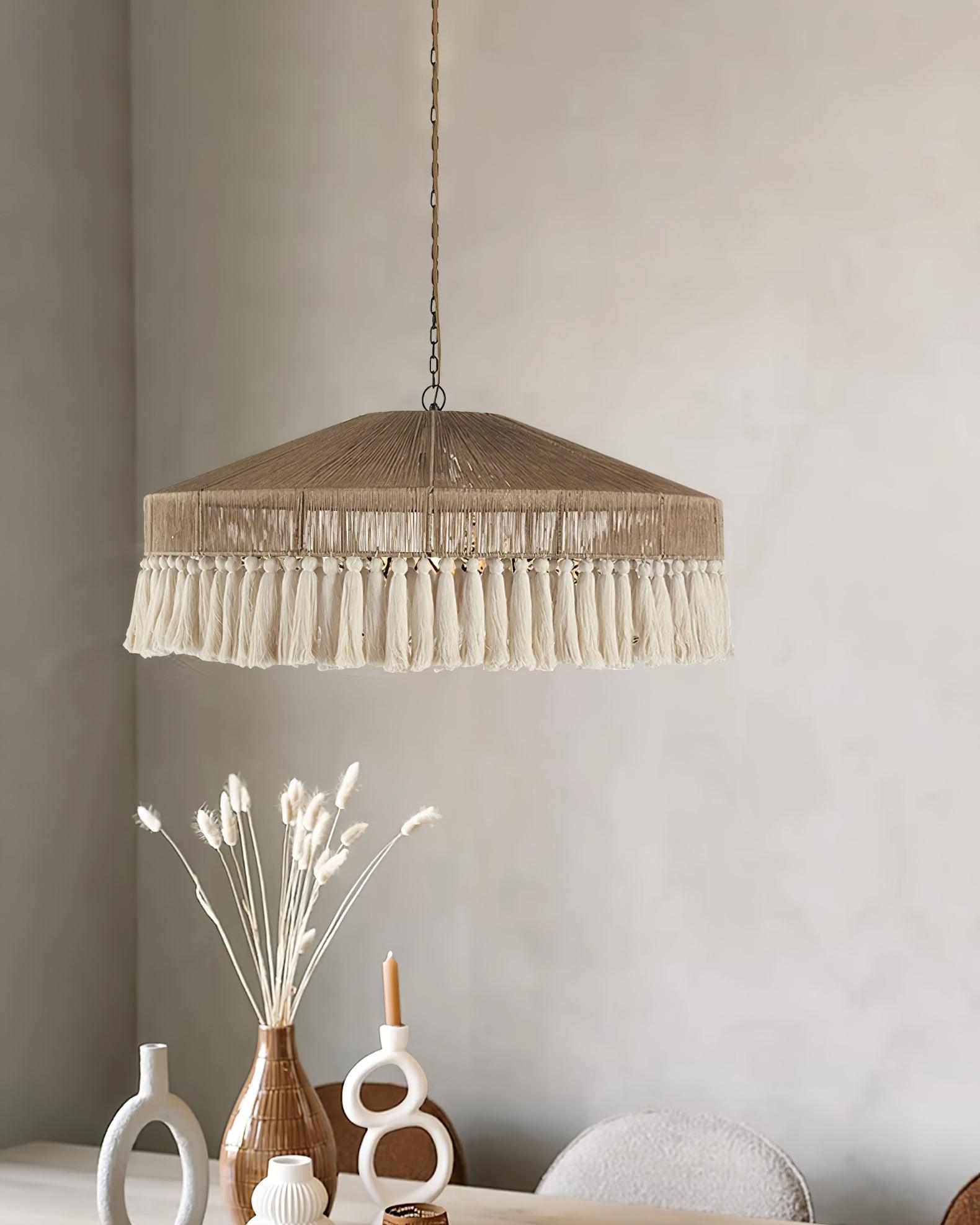 Lustre à pampilles en corde de chanvre bohème avec douille E27 câblée