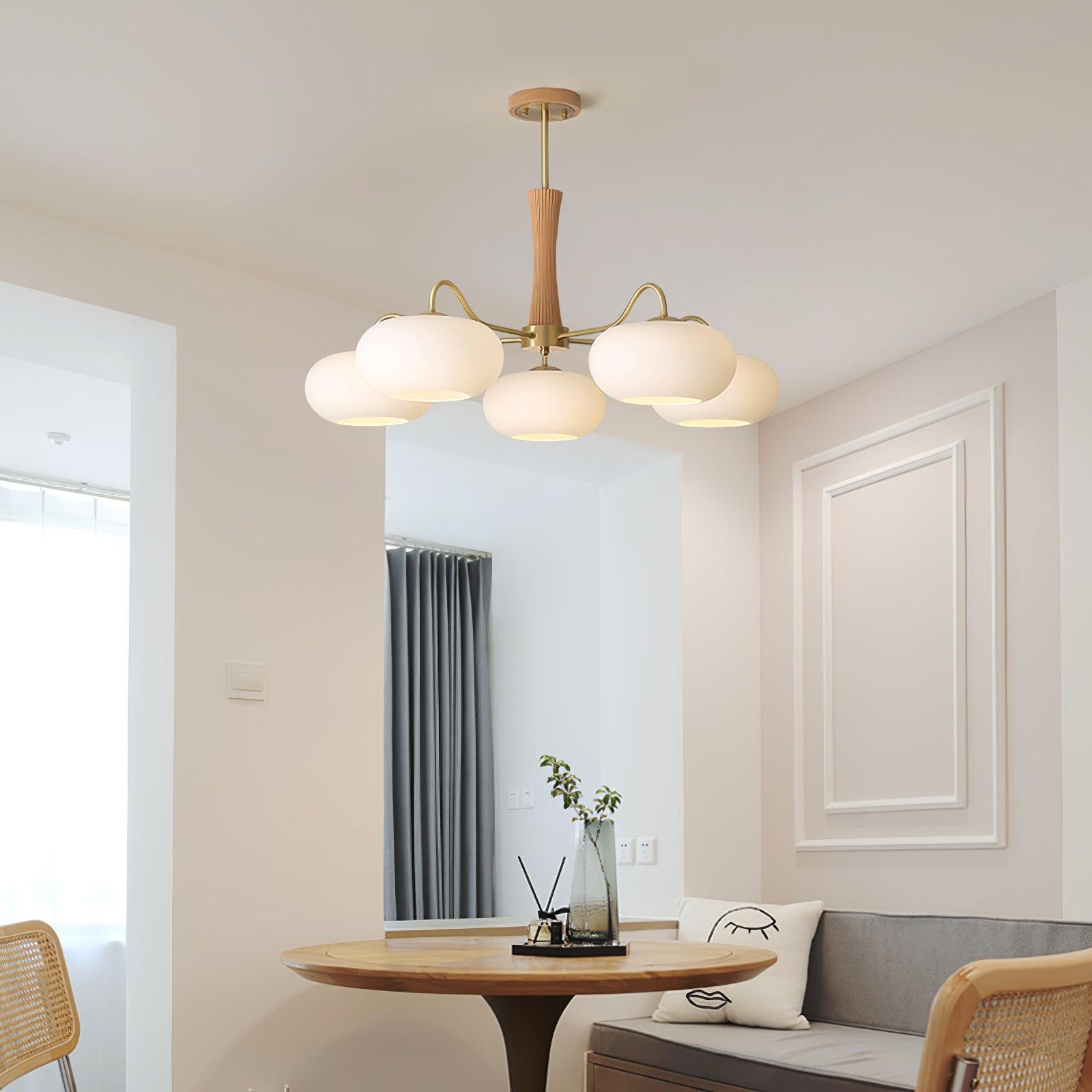 Lustre globe en verre kaki avec centre en noyer