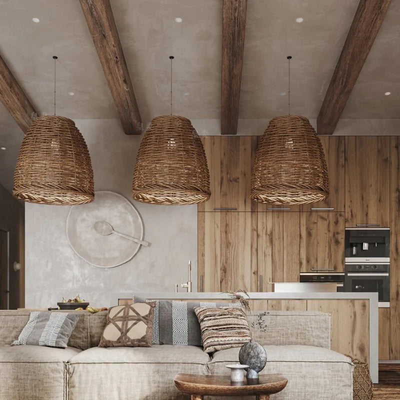 Suspension LED rustique vintage avec design en rotin