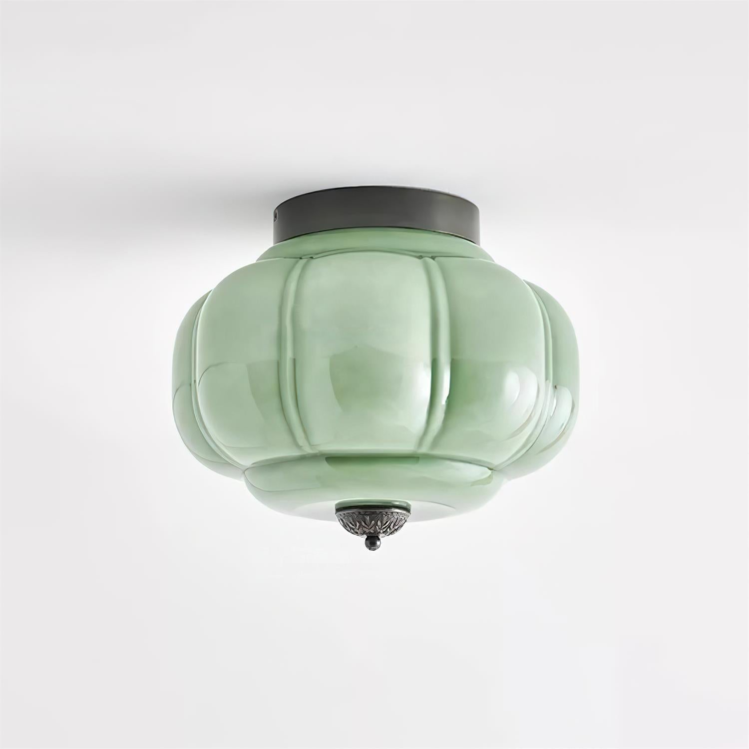 Grüne Glas-Deckenleuchte mit Metallbaldachin