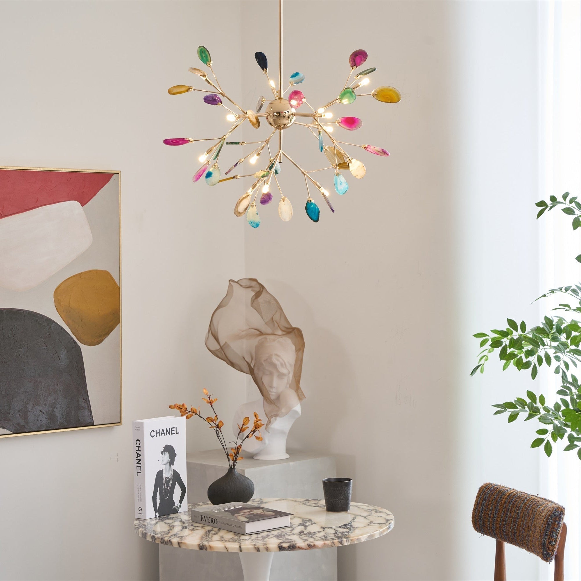 Lustre en cristal d’agate coloré avec bras dorés ramifiés