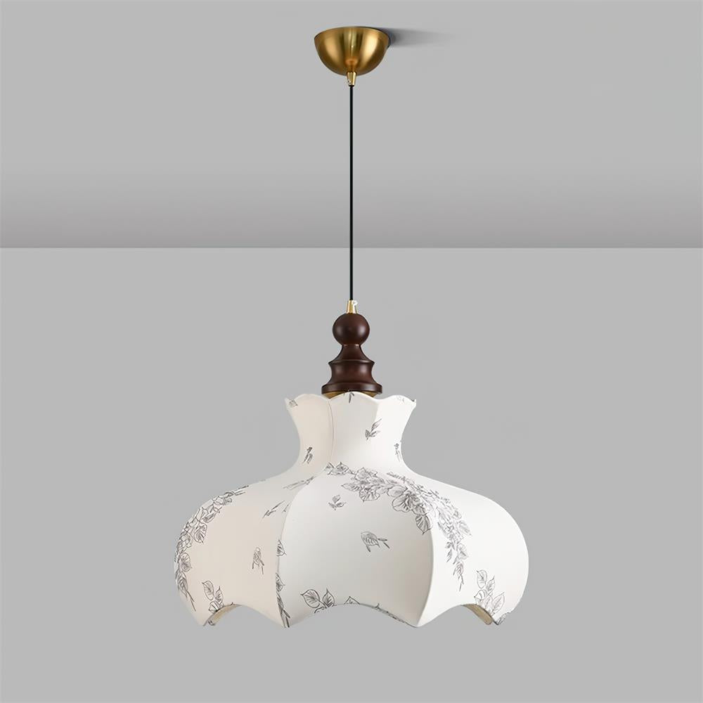 Lampe suspendue élégante en bois et métal avec abat-jour floral