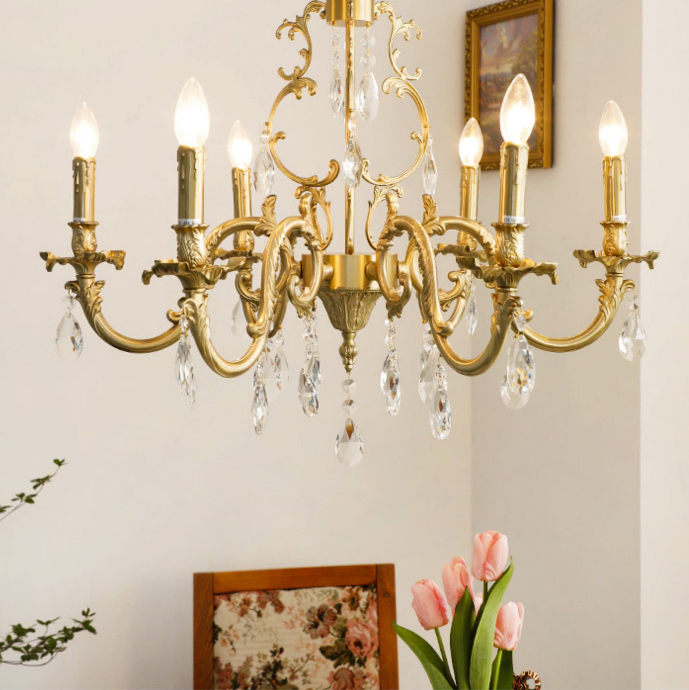 Lustre vintage en laiton et cristal avec éclairage à bras bougie