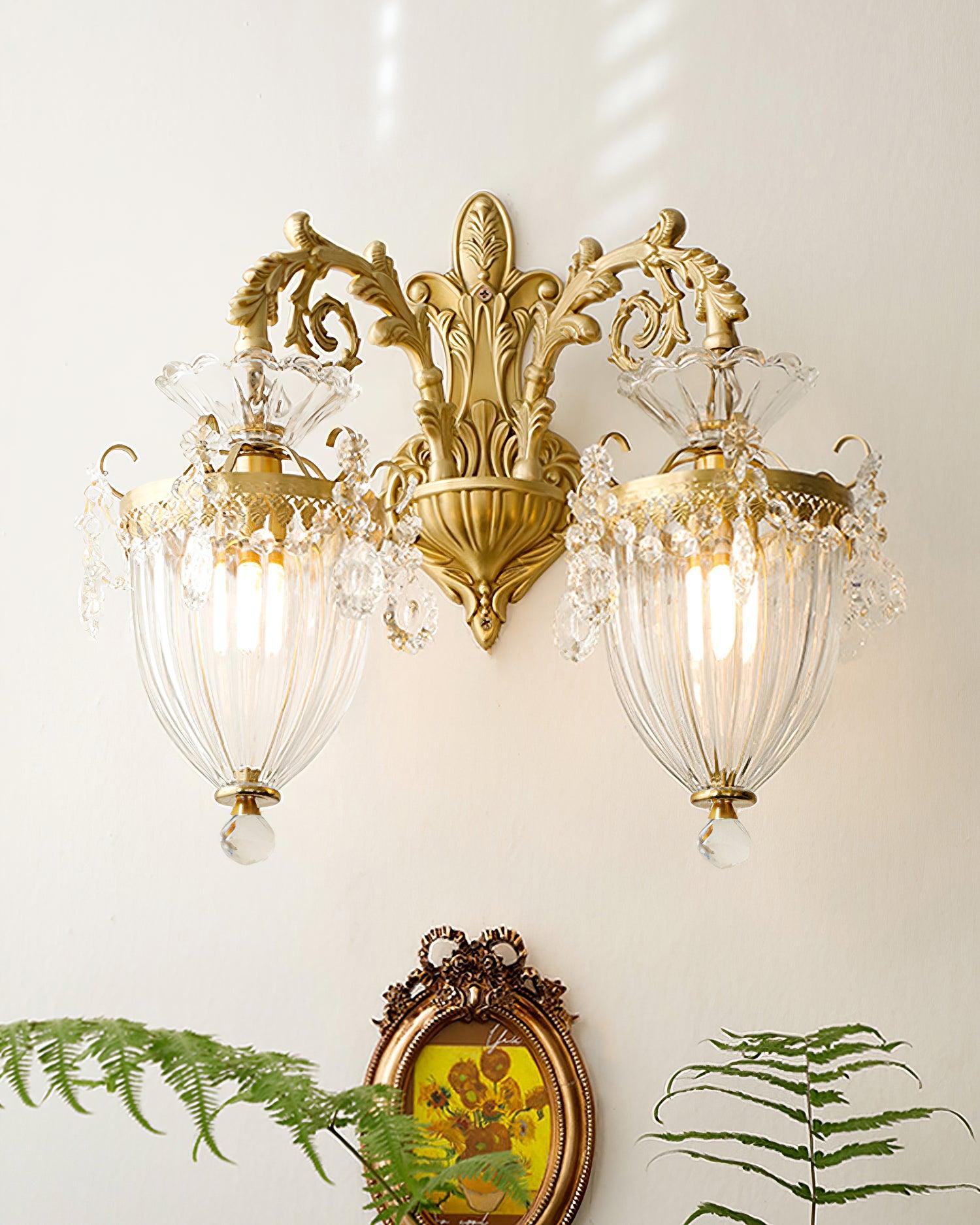 Applique murale en laiton et cristal double taille, câblée et dimmable