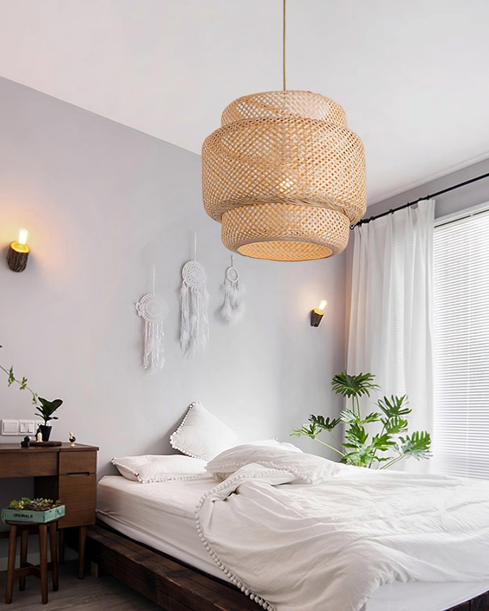 Suspension avec abat-jour double couche en bambou tissé