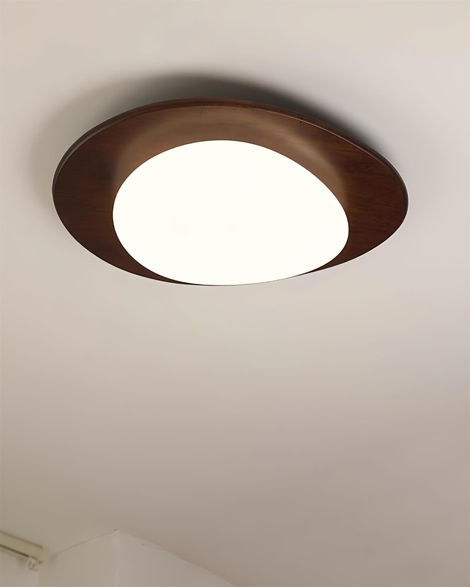 Plafonnier en Bois de Noyer avec Abat-jour Ovale Blanc LED Intégrée