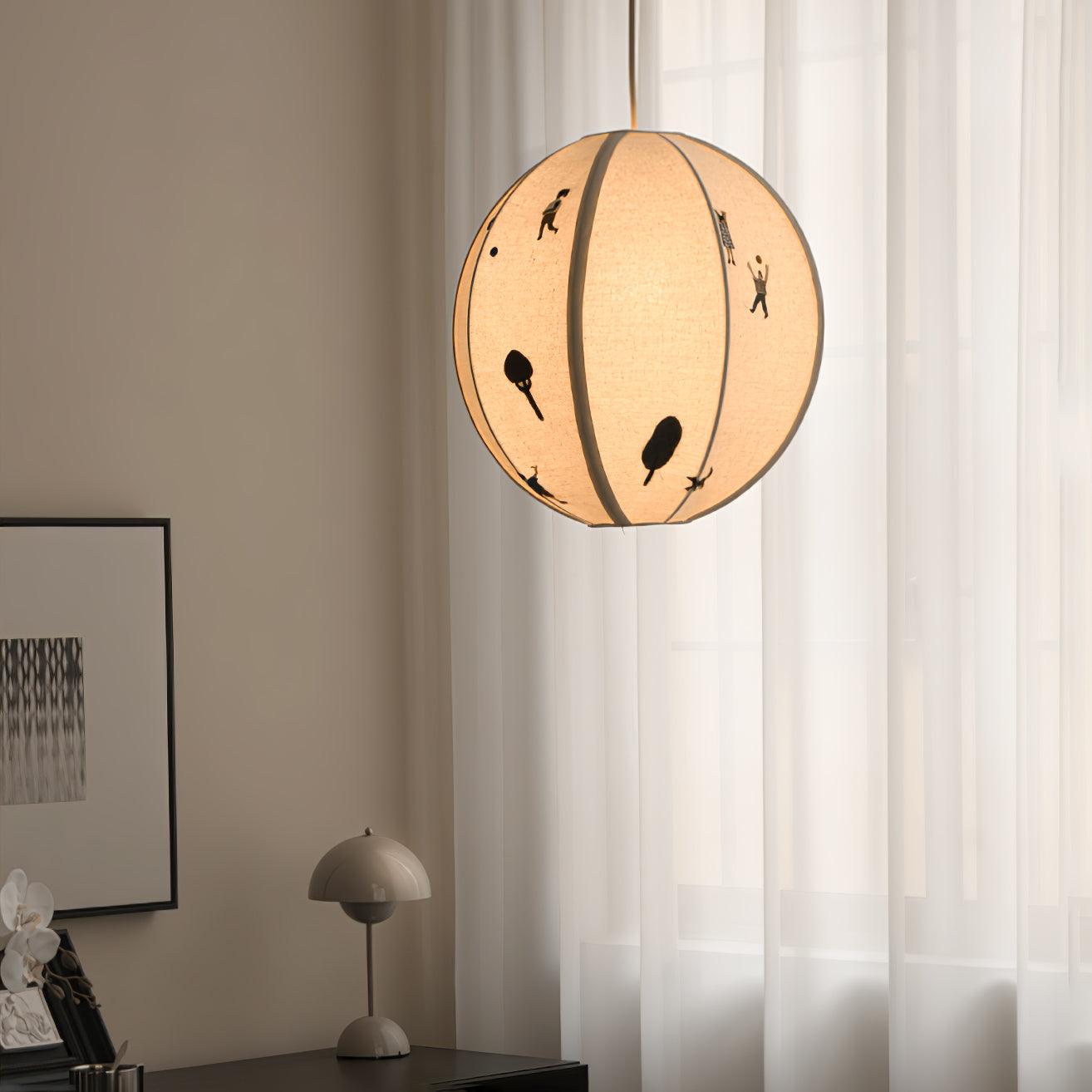 Lustre suspendu boule en papier avec scène de parc brodée en coton
