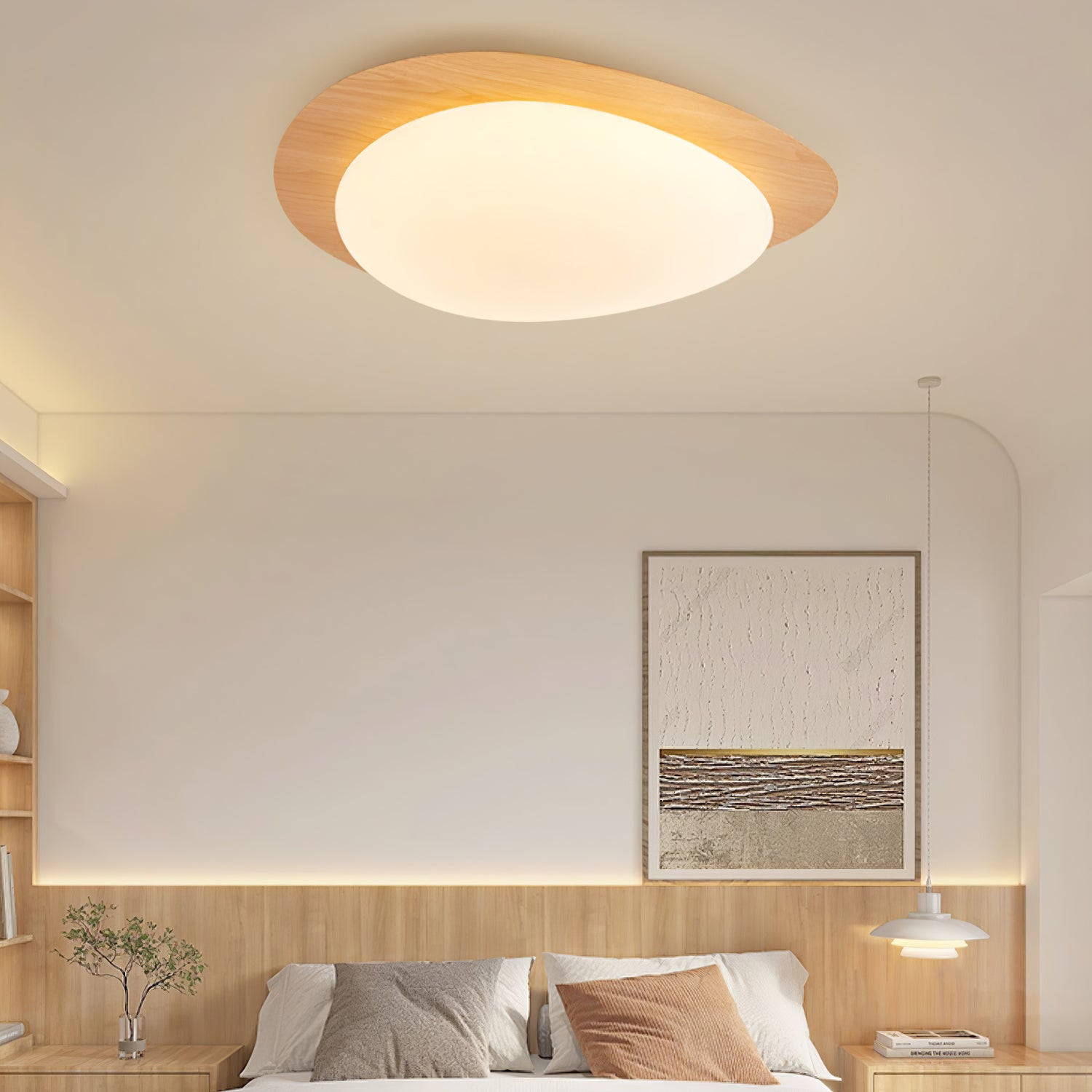 Plafonnier Pebble en noyer avec ambiance chaleureuse