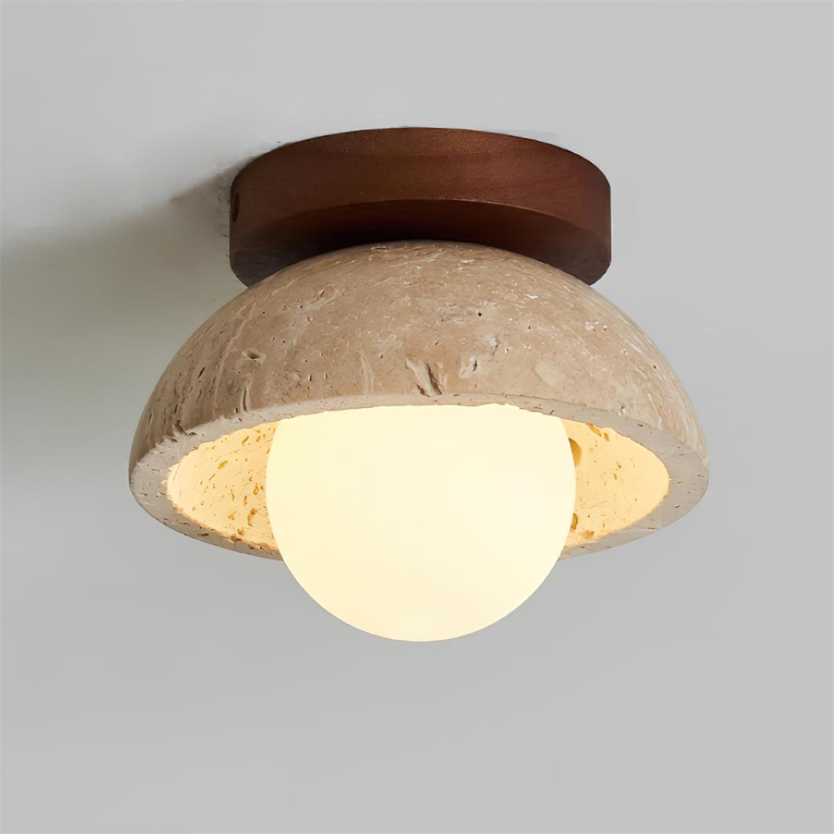 Suspension en travertin avec accent en bois pour lumière d’ambiance