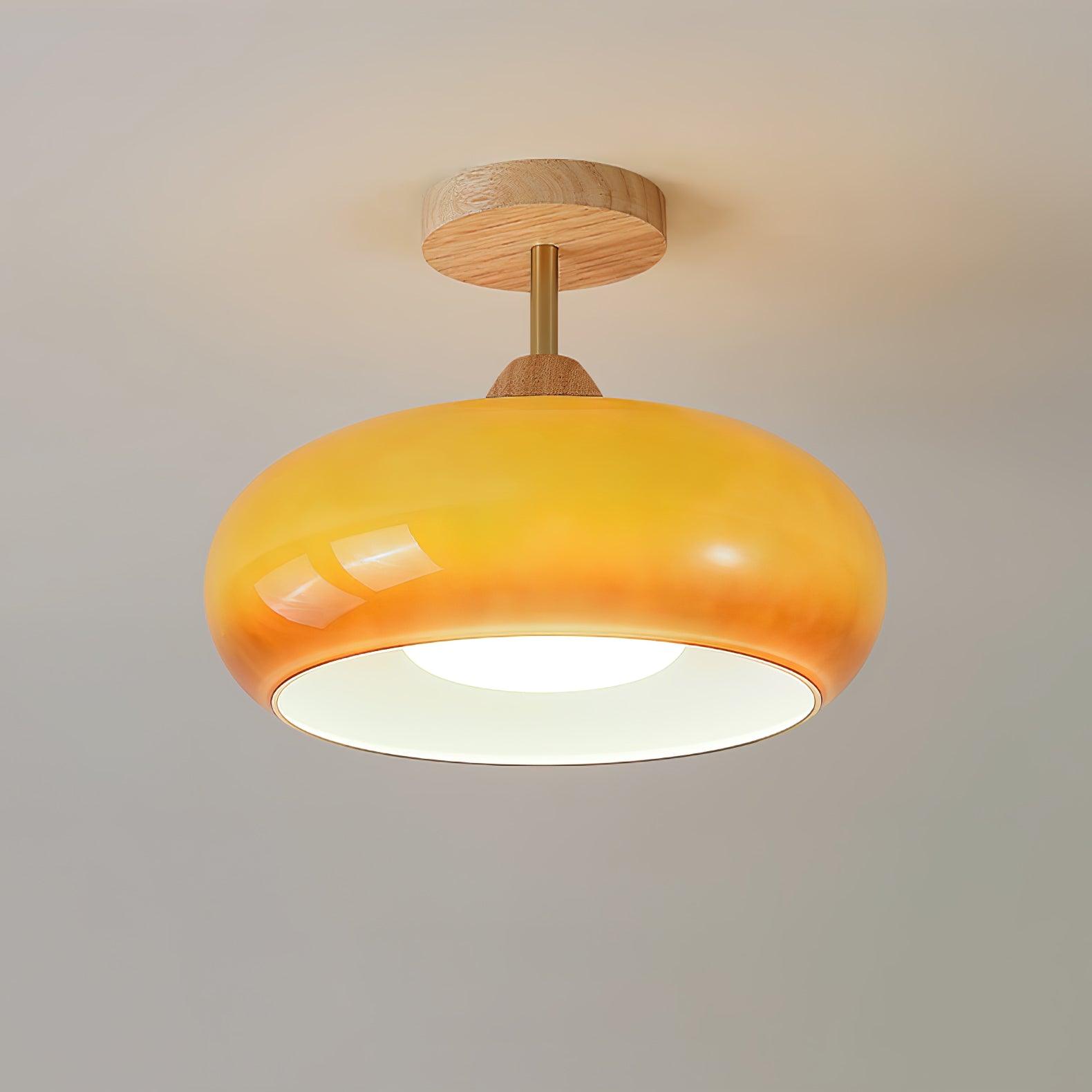 Plafonnier affleurant Bauhaus en disque de verre, bois, orange et blanc