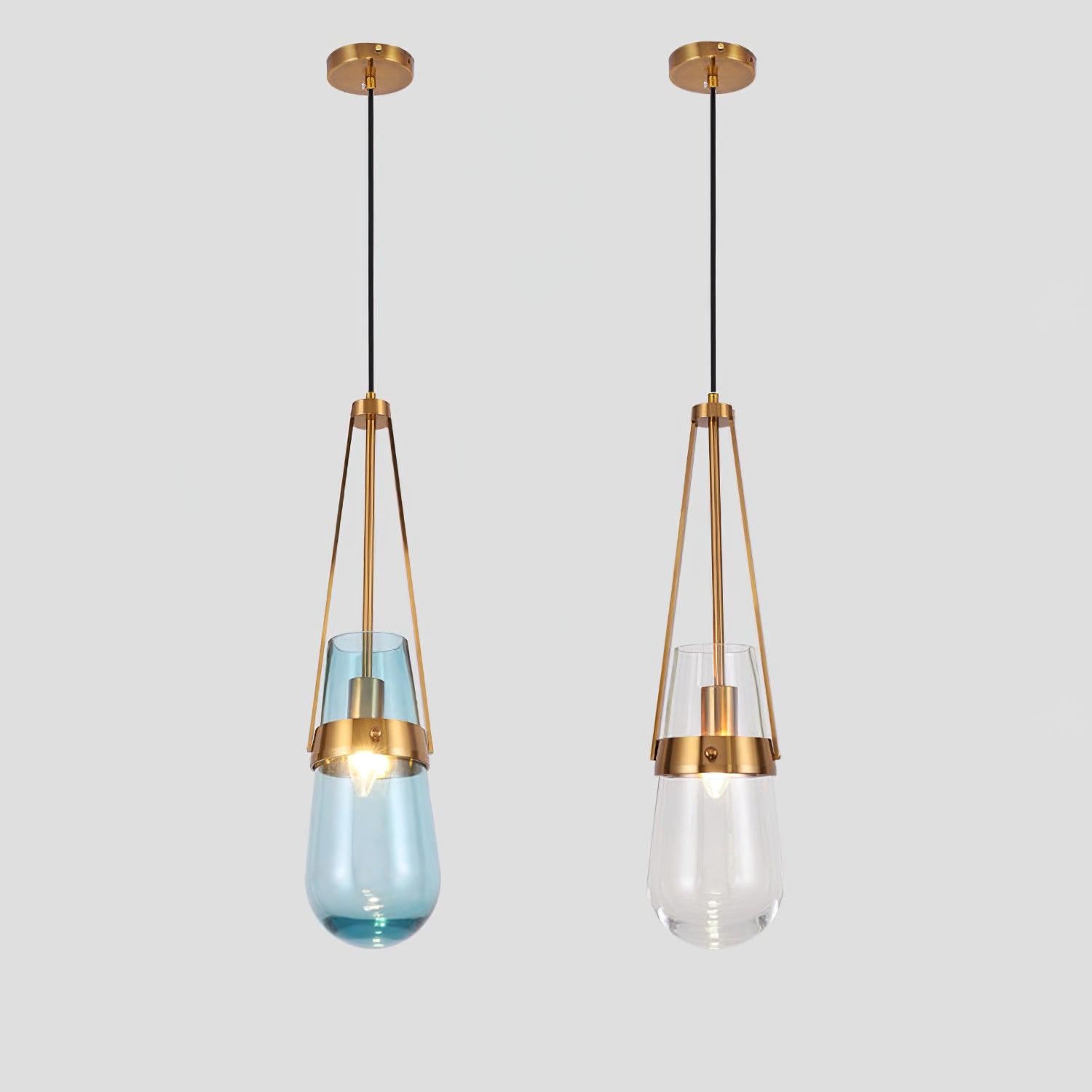 Suspension en verre bleu avec finition dorée