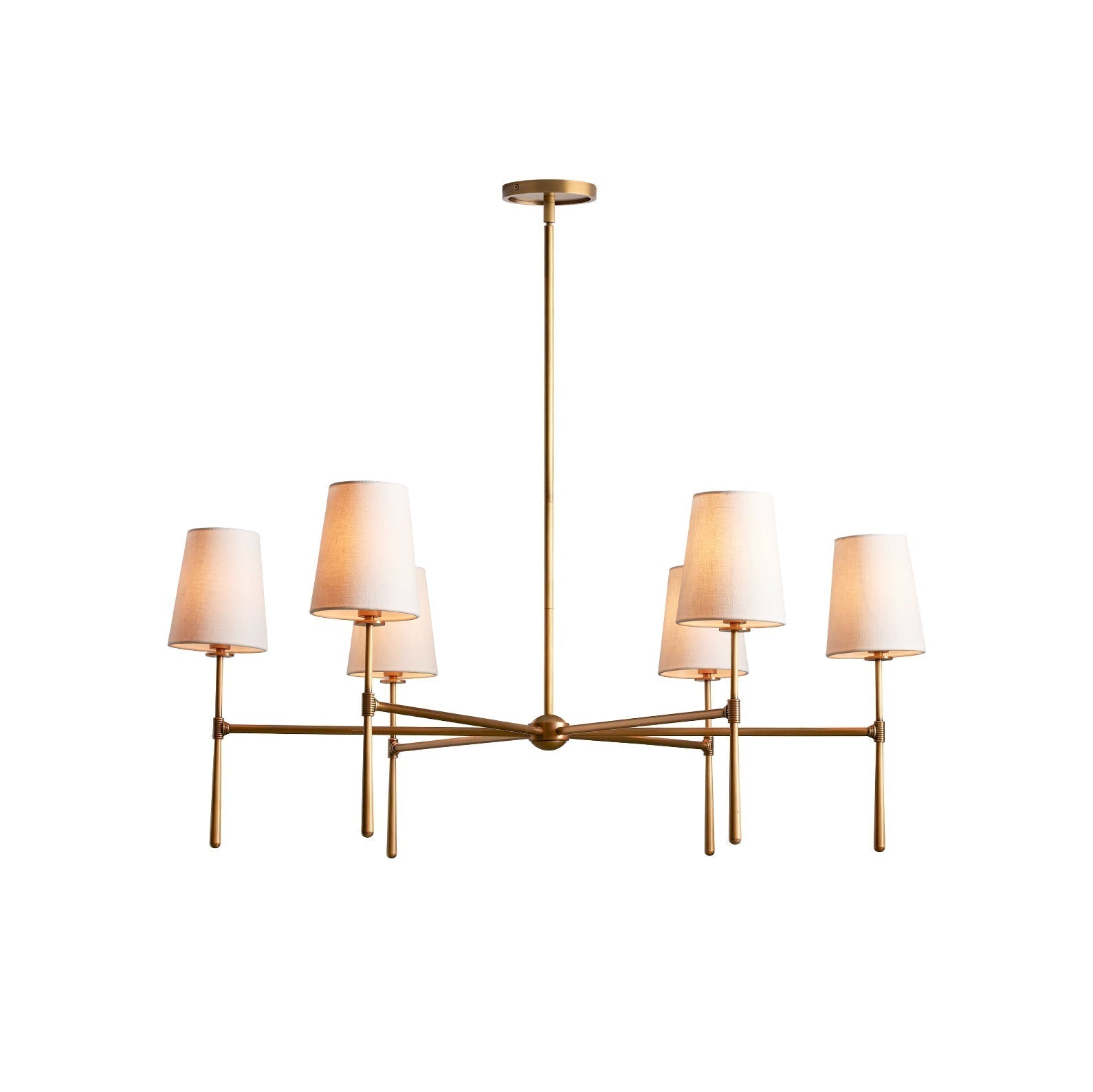 Leinen-Schirm-Pendelleuchte mit warmem Mid-Century-Lichtschein