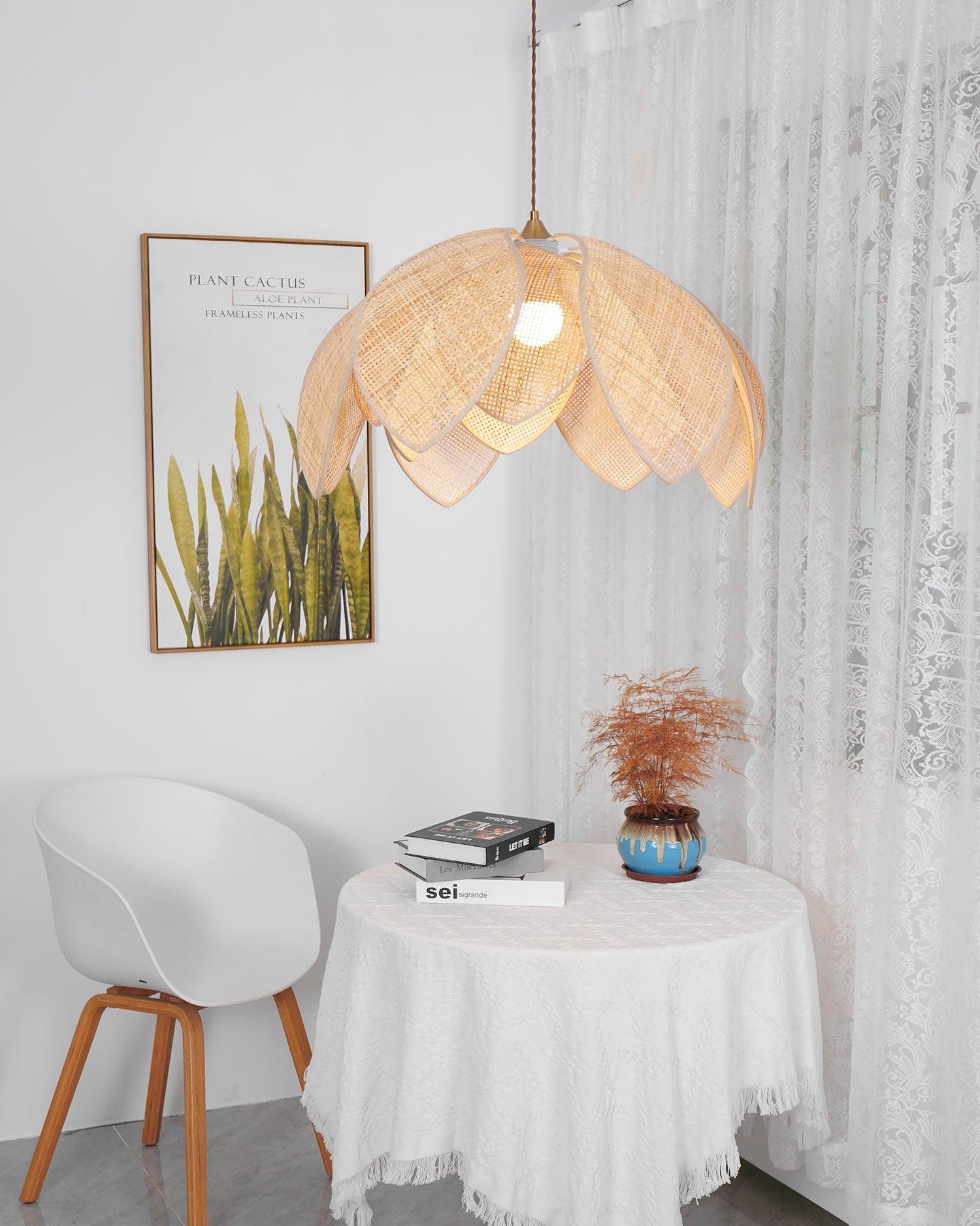 Lampe Suspension en Rotin avec Abat-jour en Lin Doux