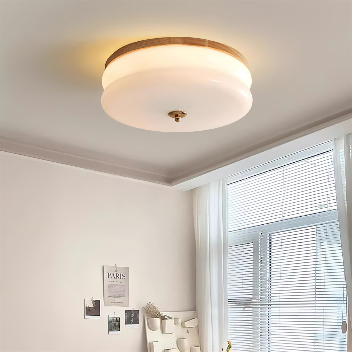 Plafonnier disque en verre et bois de noyer avec LED intégrée double couche