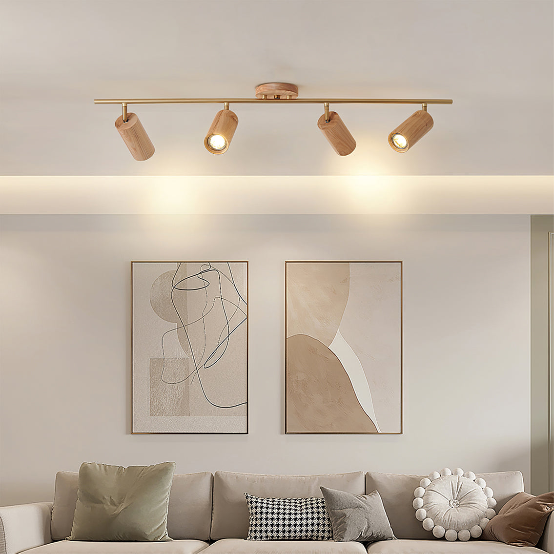 Spot plafonnier minimaliste en bois et laiton à quatre têtes