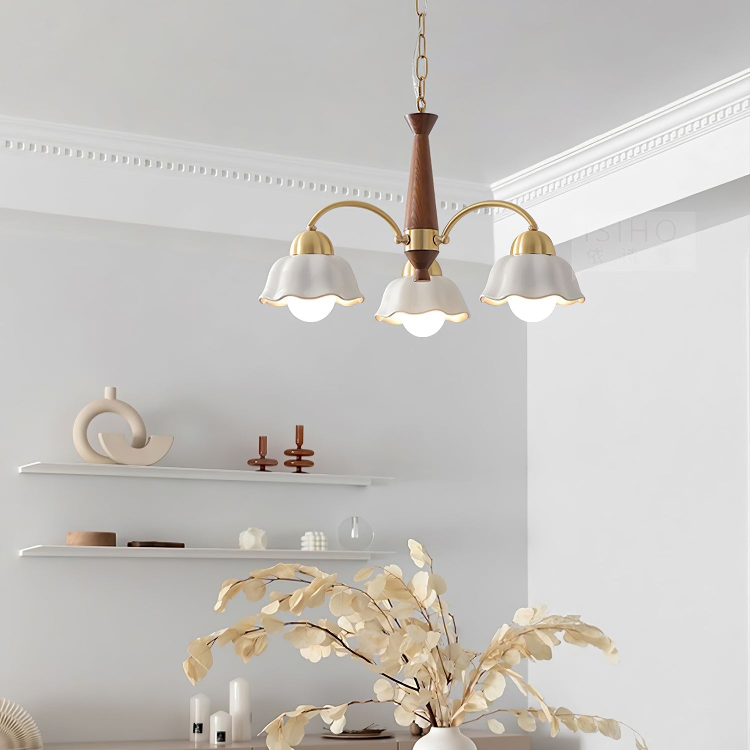 Suspension vintage LED fleurie en céramique et bois élégante