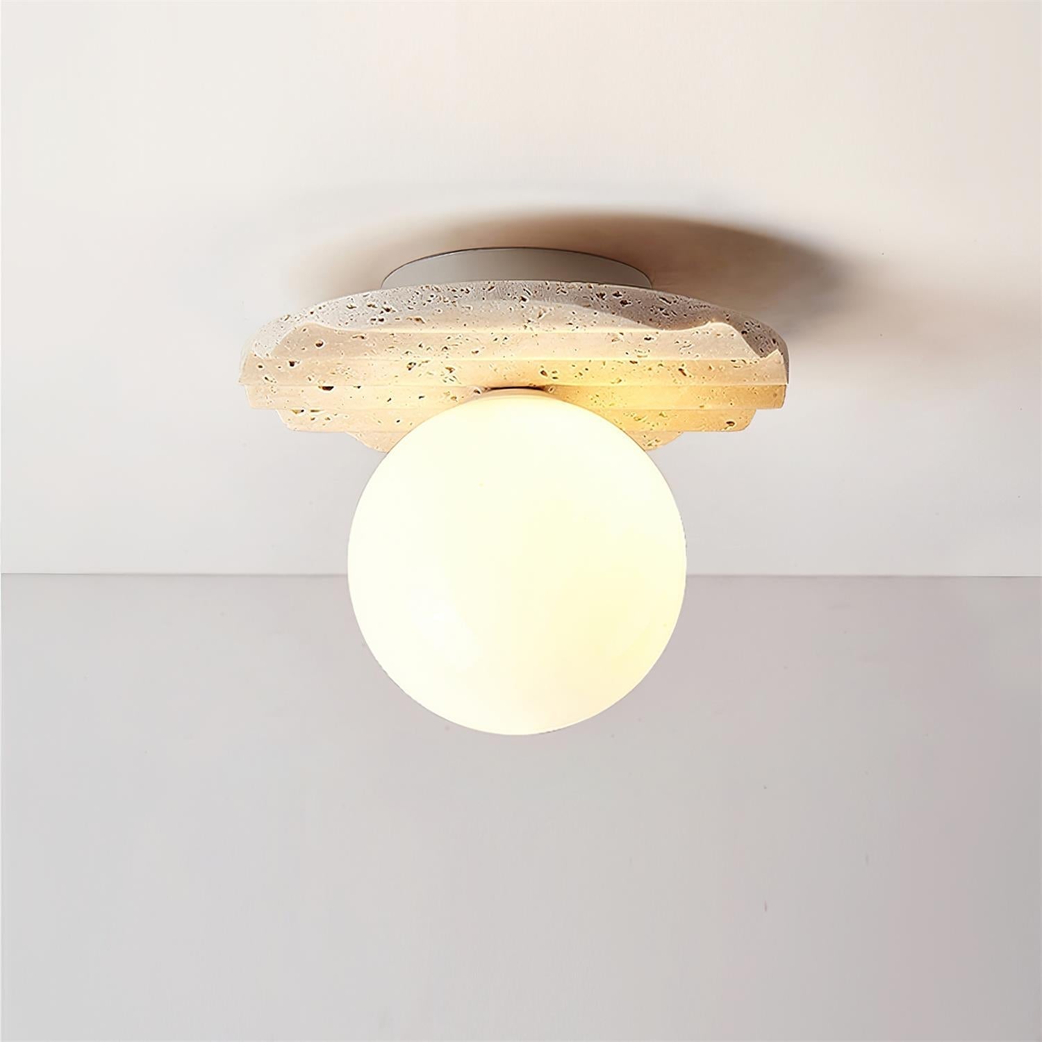 Plafonnier en Pierre de Travertin avec Base Sculptée et Diffuseur en Verre