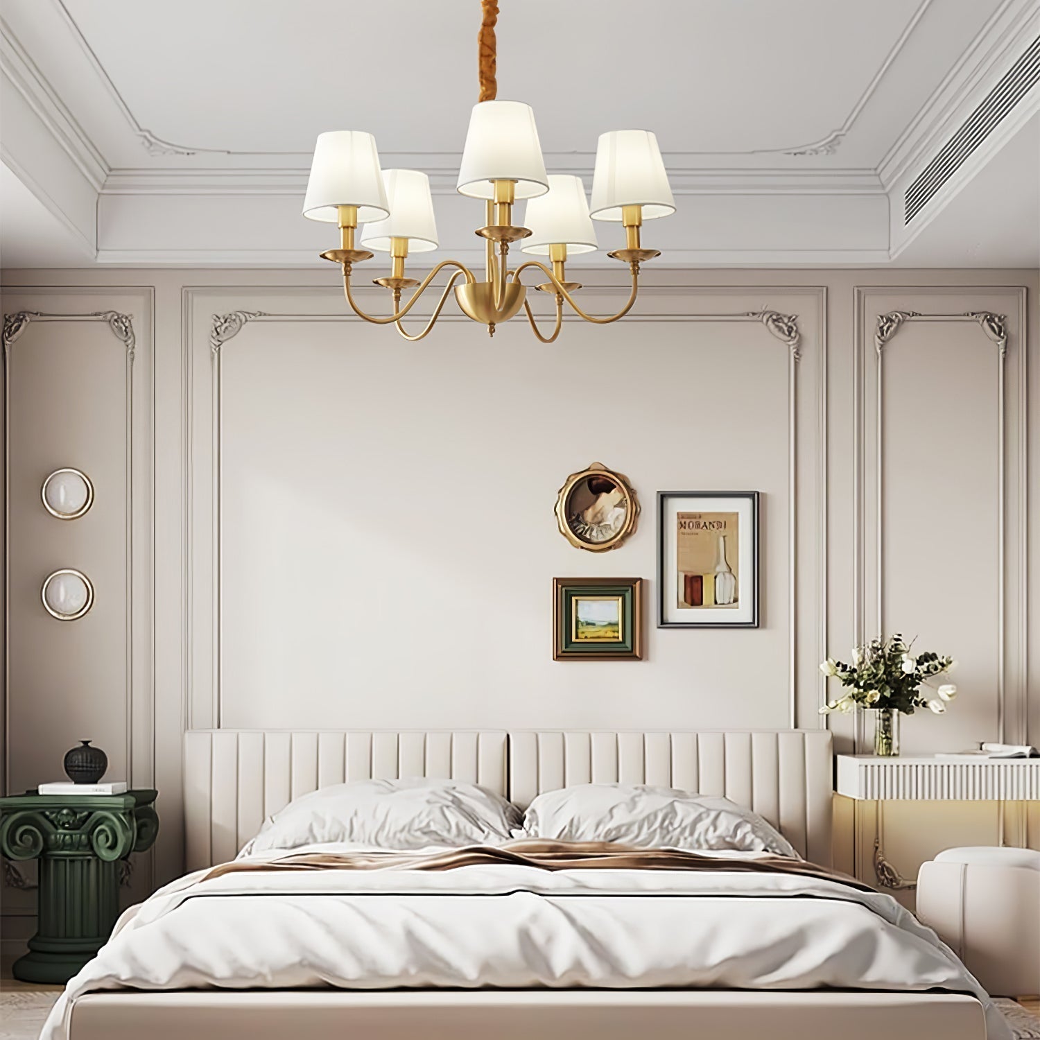 Lampe suspension vintage en laiton LED avec abat-jour en tissu blanc