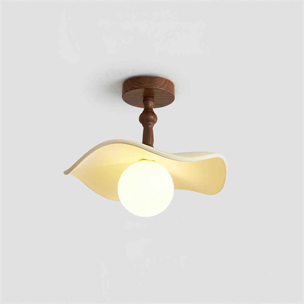 Plafonnier semi-encastré en bois de noyer avec abat-jour en verre beige, dimmable
