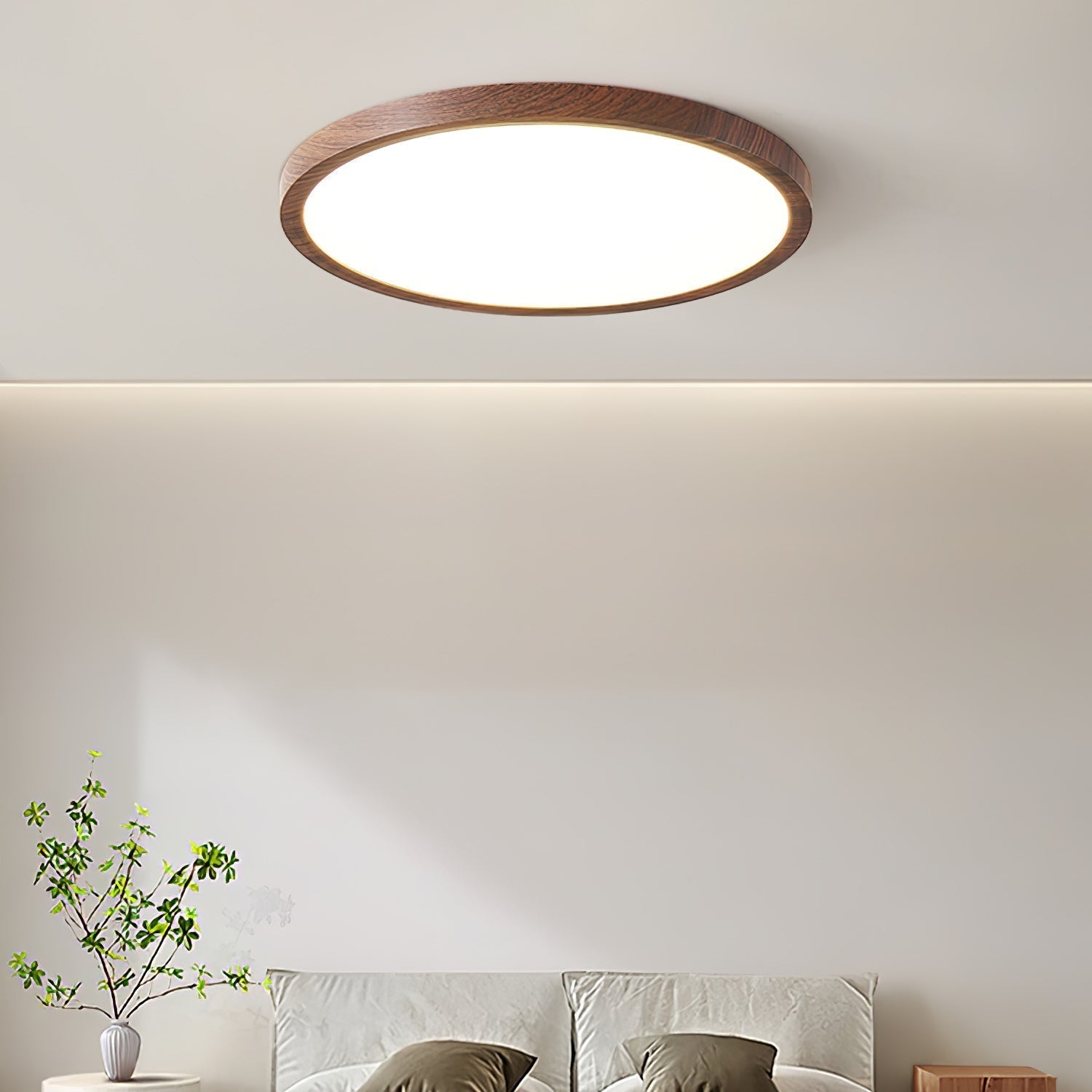 Plafonnier rond ultra fin finition bois noyer