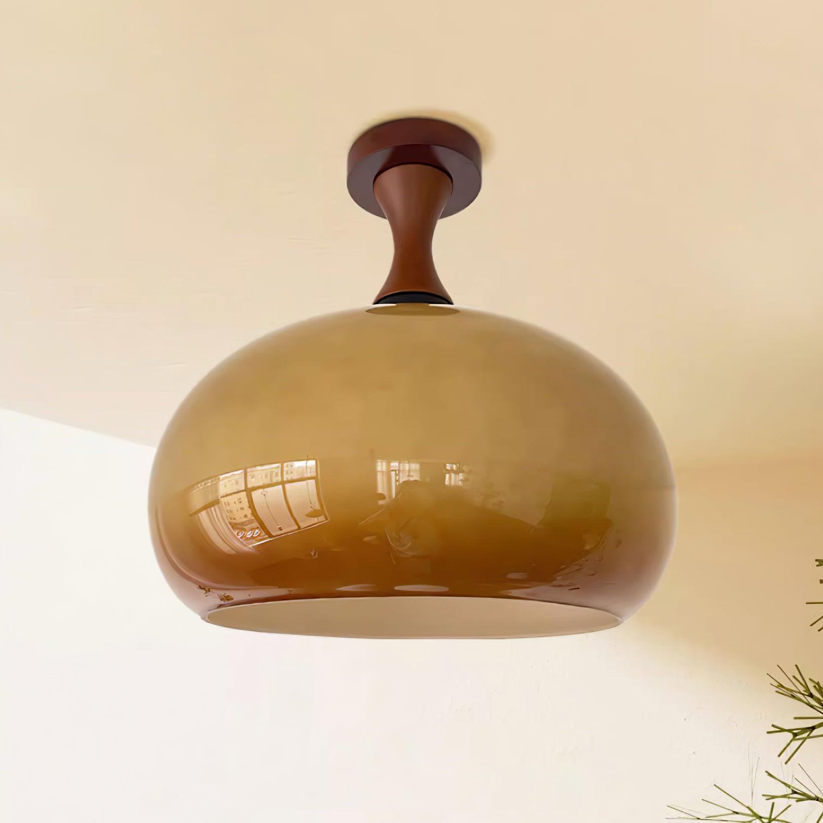 Plafonnier de salle de bain en bois de noyer et verre ambré, classé pour pièces humides