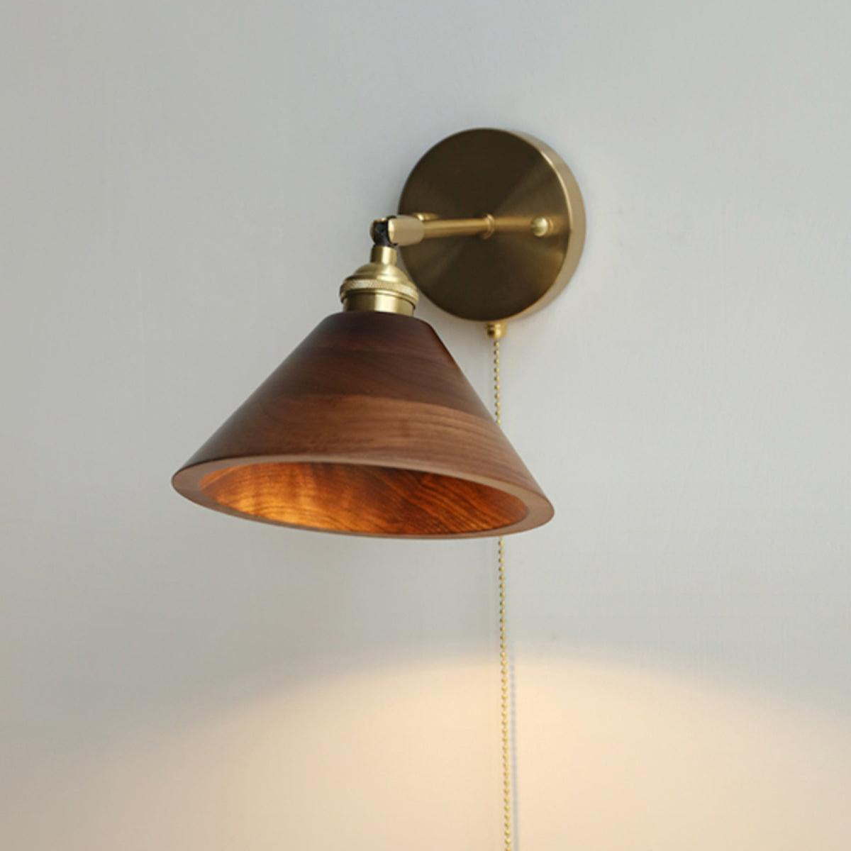 Wooden Wall Lamp With Dome Shade And Pull Chain Switch For Bedroom