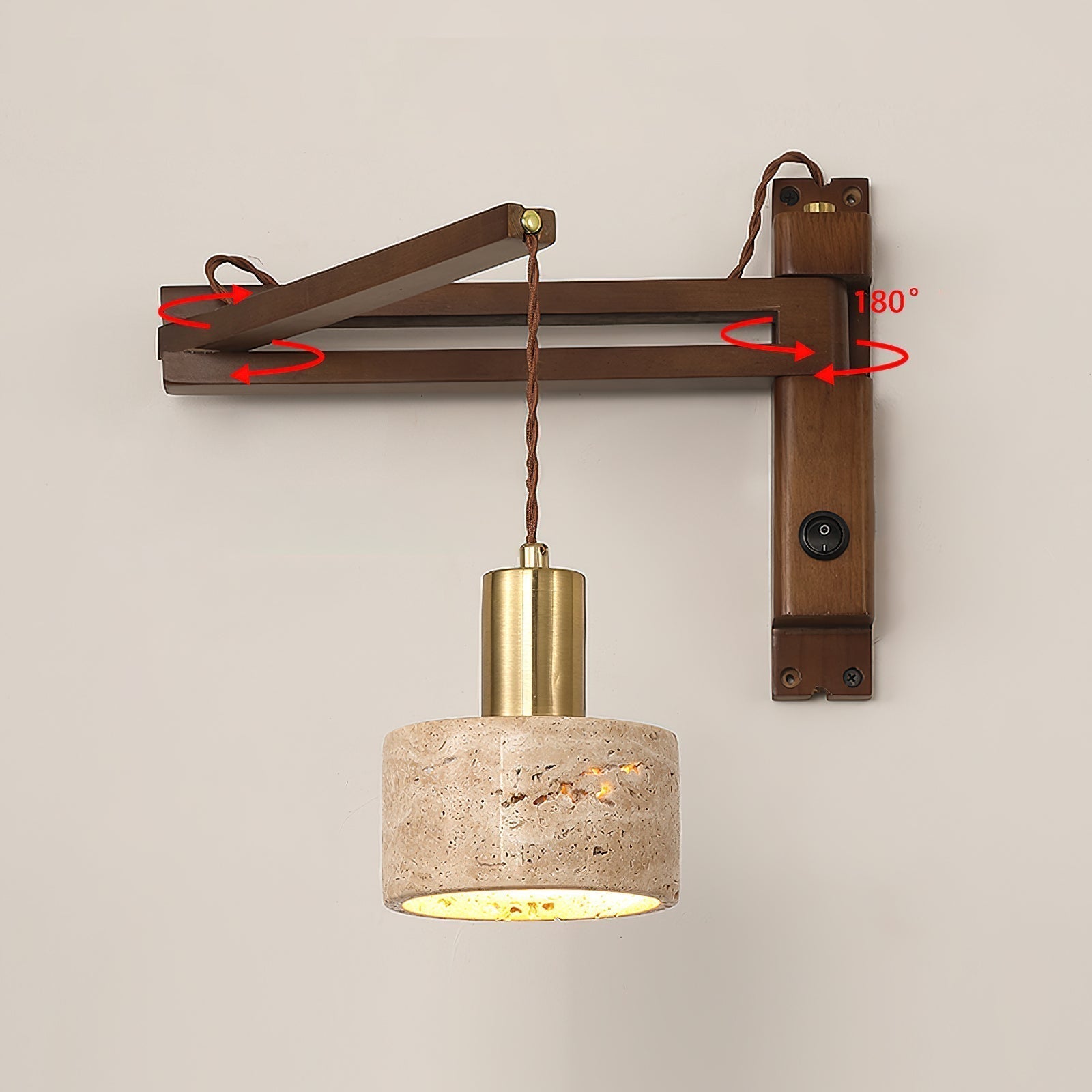 Travertin-Zylinderschirm-Wandleuchte mit Holz- und Metallgehäuse