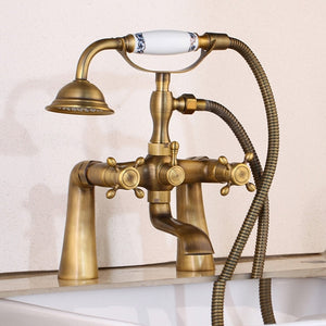 Shower Faucet - Antique Brass Golden Bathtub Shower Faucets Set Dual Knobs Mixer Tap