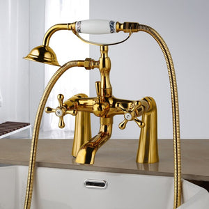 Shower Faucet - Antique Brass Golden Bathtub Shower Faucets Set Dual Knobs Mixer Tap