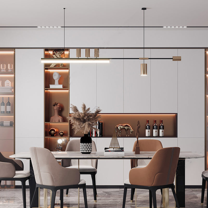 Minimalistische hanglamp met vijf koppen in goud- en zwarte afwerking