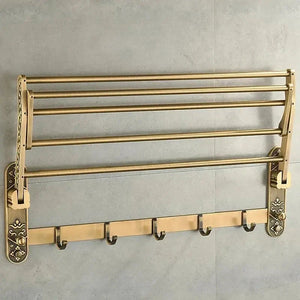 Foldable Antique Brass Bath Towel Rack Double Towel Shelf With Hooks-Towel Bars & Hooks-Index Bath-Index Bath