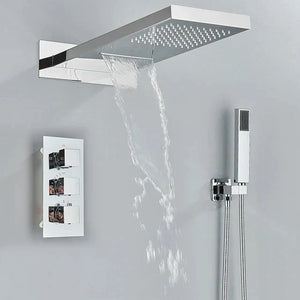 Rain Waterfall Shower Head With 3-way Thermostatic Mixer Tap-Rain Shower Heads-Index Bath-Chrome-Index Bath