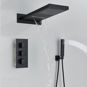 Rain Waterfall Shower Head With 3-way Thermostatic Mixer Tap-Rain Shower Heads-Index Bath-Matte Black-Index Bath