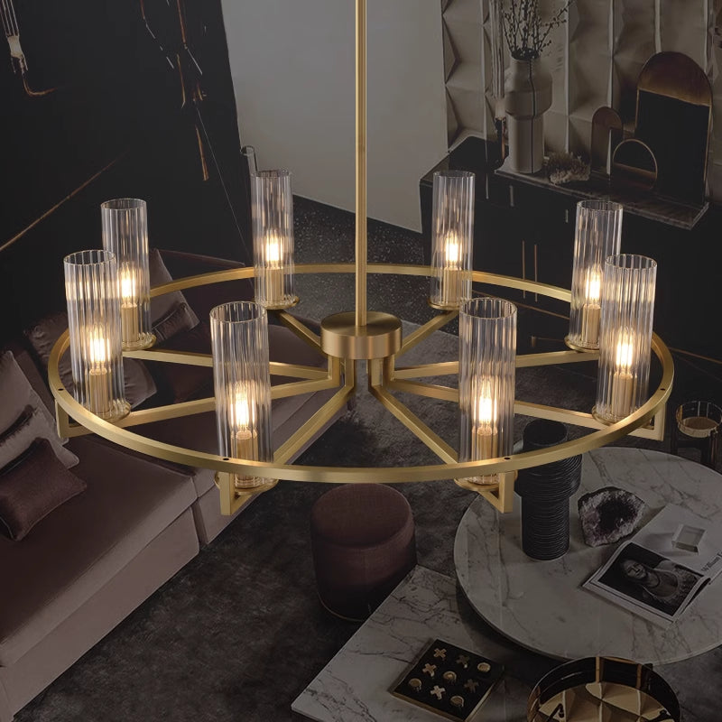Lustre moderne en verre et métal avec lueur chaude