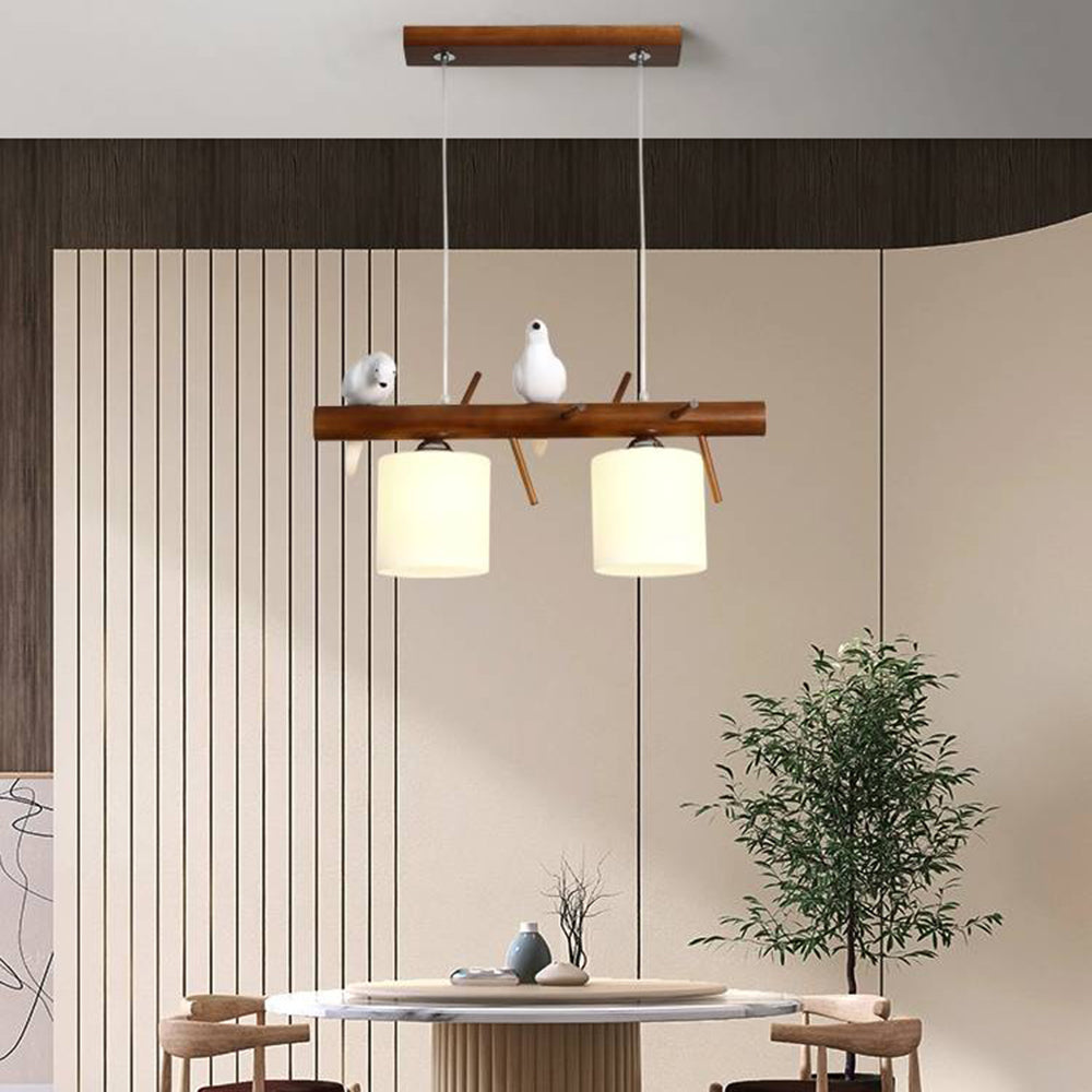 Suspension oiseau en bois avec deux têtes et lumière douce