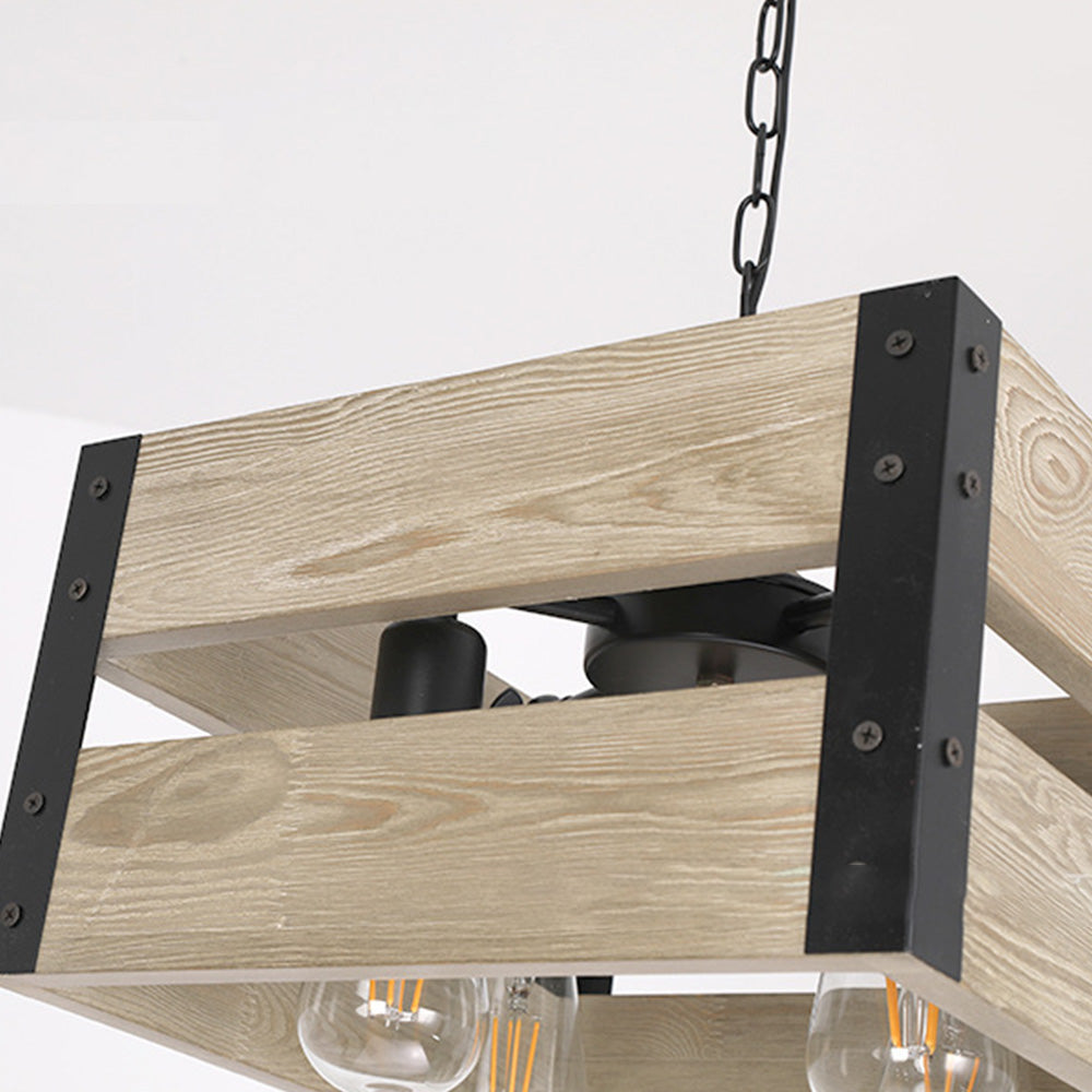 Mehrkopfige quadratische Pendelleuchte aus Metall und Holz