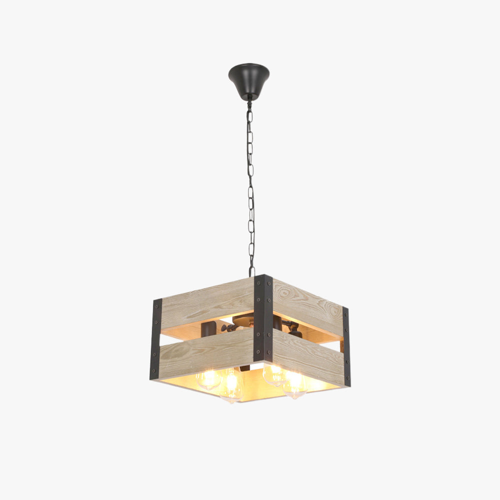 Mehrkopfige quadratische Pendelleuchte aus Metall und Holz