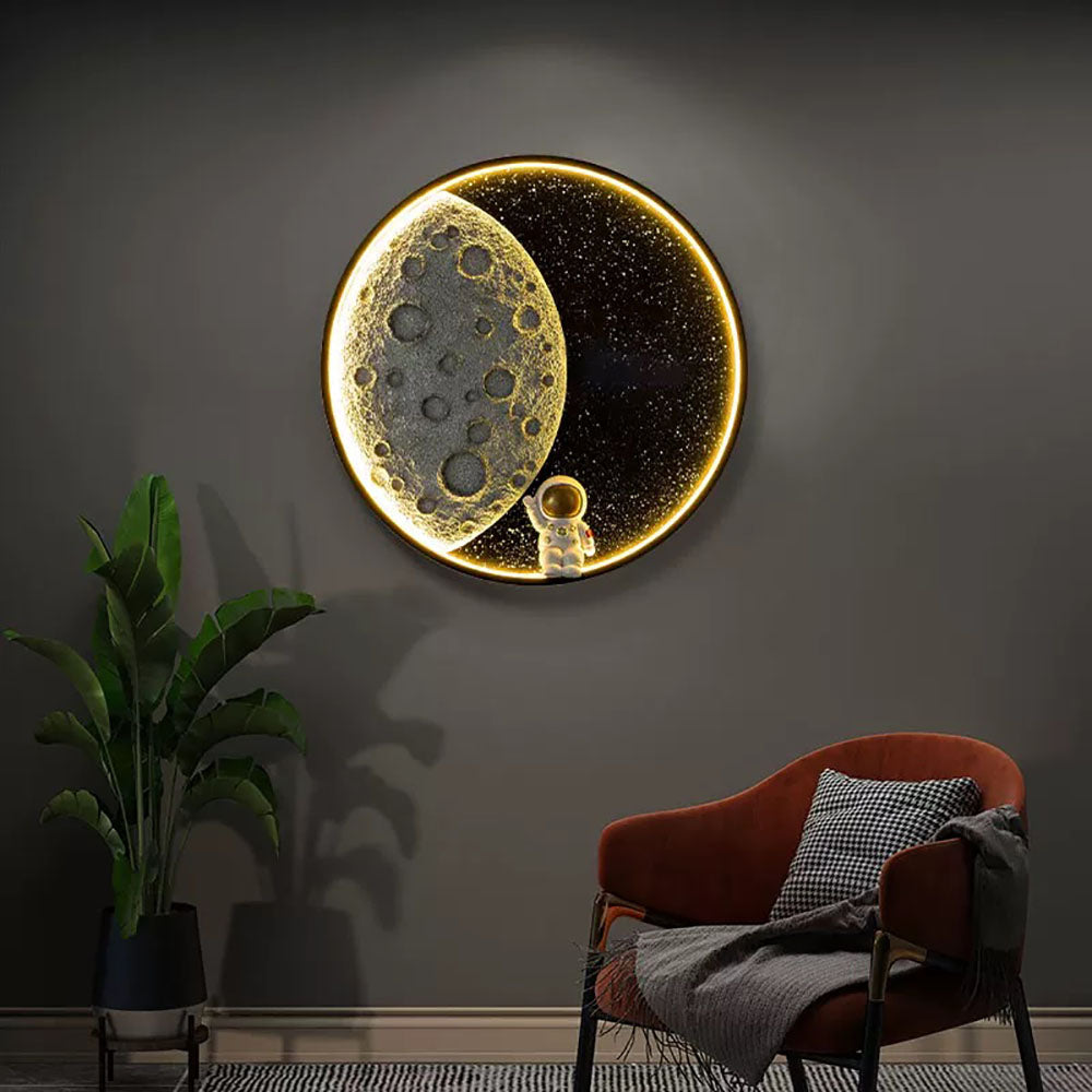 Lampe murale ronde Astronaute Lune finition métal noir