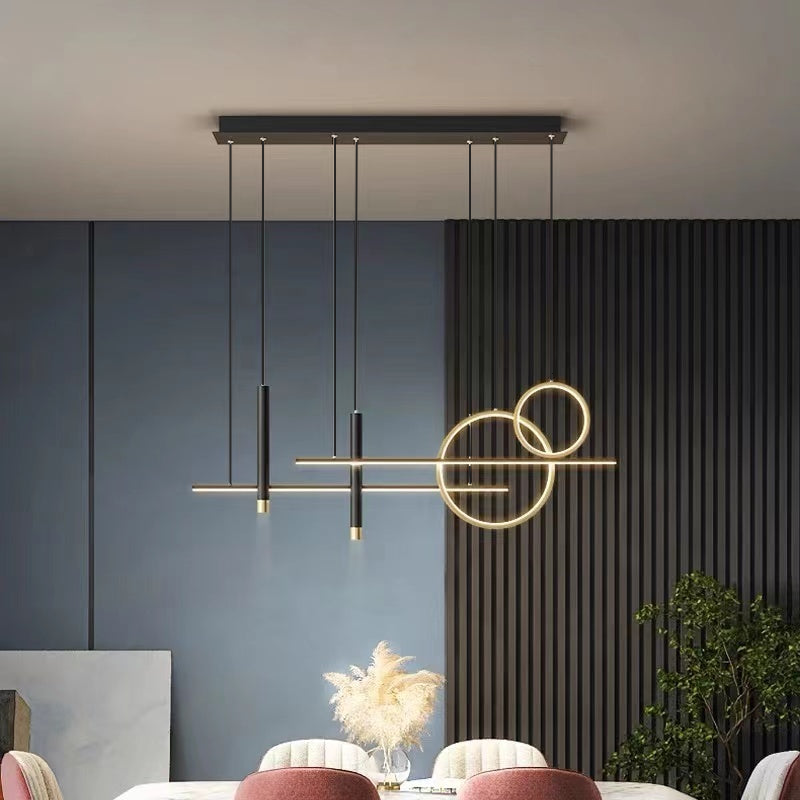 Suspension LED moderne double anneaux or et noir pour ambiance premium