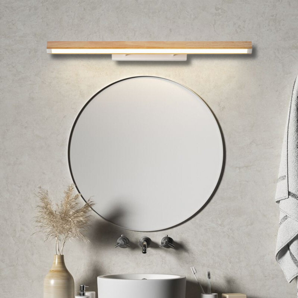 Applique murale linéaire minimaliste en bois avec accent acrylique pour salle de bain